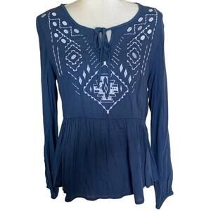Boho Blue Embroidered Peplum Ruffle Flounce Blouse Long Sleeve S Western Massini